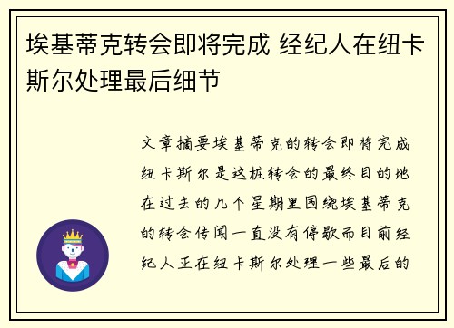 埃基蒂克转会即将完成 经纪人在纽卡斯尔处理最后细节